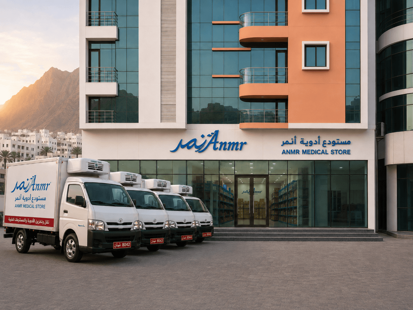 ANMR Medical Store headquarters building and pharmaceutical delivery fleet in Oman