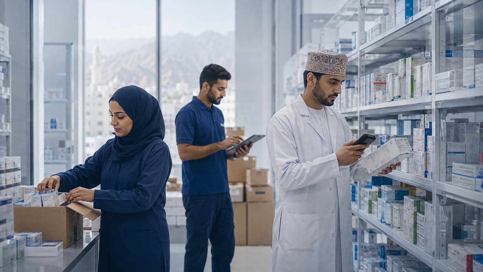 فريق العمليات يفحص المنتجات الدوائية داخل المستودع